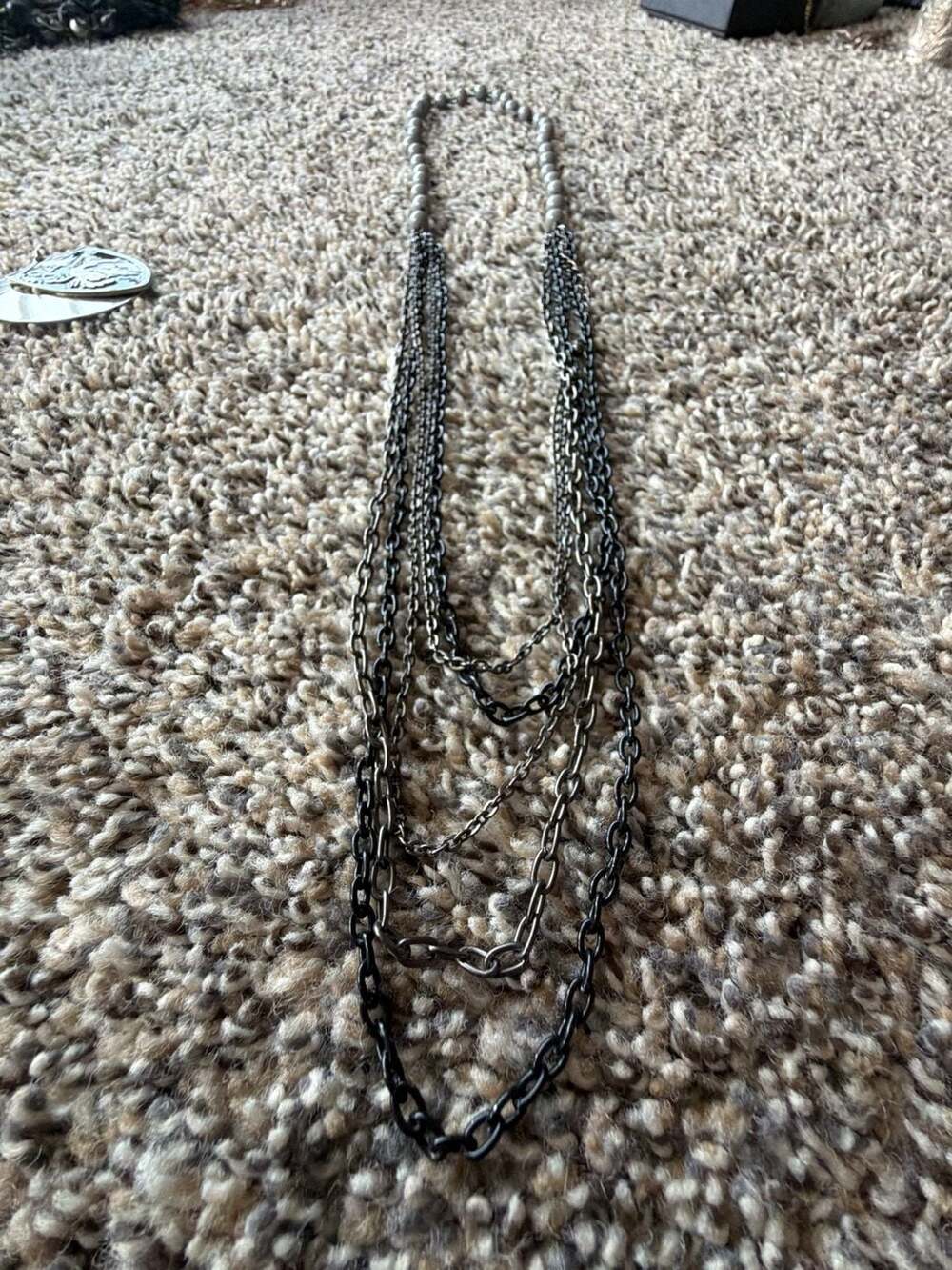 Express Multi-Layer Gunmetal Chain and Grey Bead Statement Necklace (J-052)